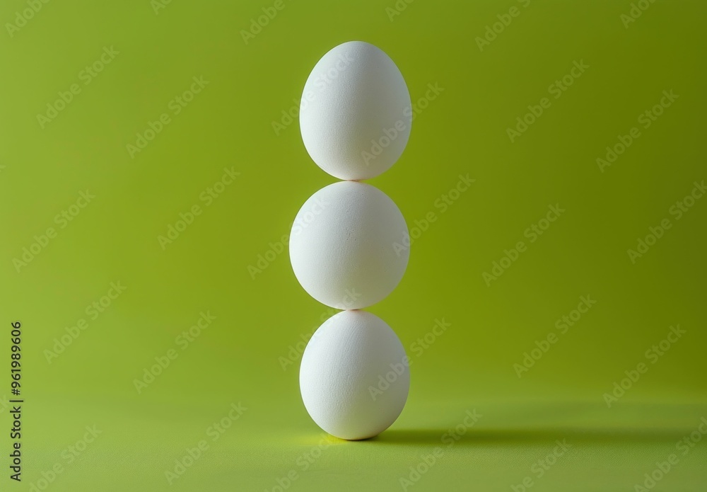 Three white eggs stacked vertically on a bright green background, showcasing balance and simplicity Three white eggs stacked vertically on a bright green background, showcasing balance and simplicity