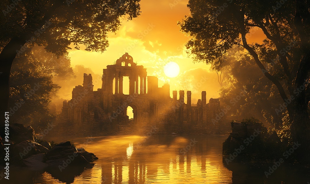 Obraz premium Sunlit Ruins by a Tranquil Lake at Sunset