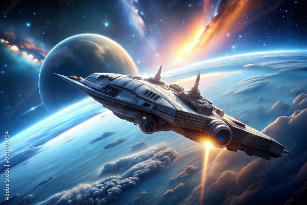 Spaceship soaring through vibrant cosmic skies with planets and stars in background Spaceship soaring through vibrant cosmic skies with planets and stars in background