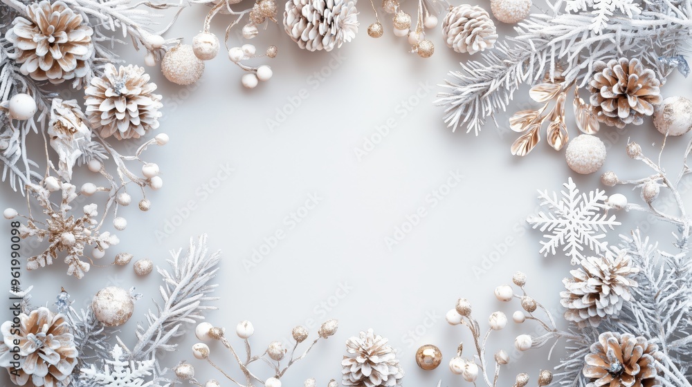 Top-down winter-themed frame with frosted pine cones and snowflakes on neutral background with clear space for text, soft lighting for refined look Top-down winter-themed frame with frosted pine cones and snowflakes on neutral background with clear space for text, soft lighting for refined look