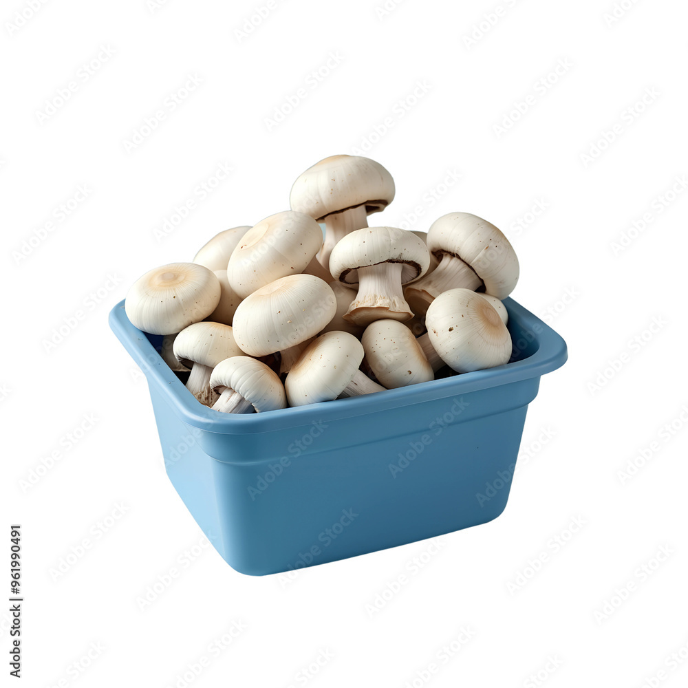 plastic container filled with fresh, whole mushrooms plastic container filled with fresh, whole mushrooms
