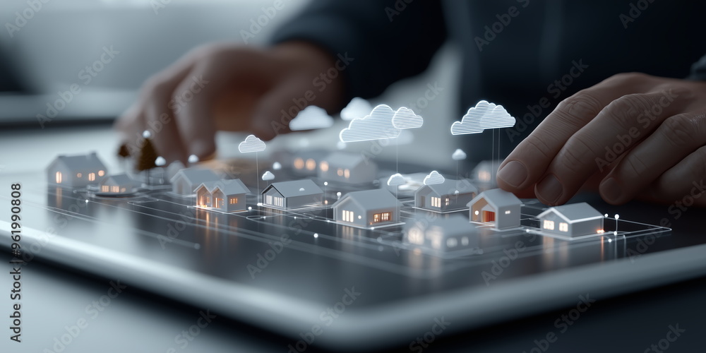 Fototapeta premium Digital Society, smart homes and digital community. DX, Iot, digital network in community concept. suburban houses in digital environment. tablet, 3D hologram. Hand edited AI.