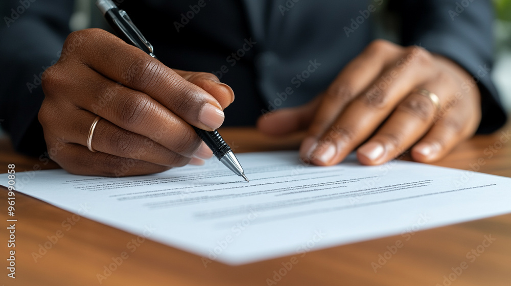 Black man’s hand signing a contract, symbolizing commitment, agreement, and professionalism. Focus on the act of finalizing important documents Black man’s hand signing a contract, symbolizing commitment, agreement, and professionalism. Focus on the act of finalizing important documents
