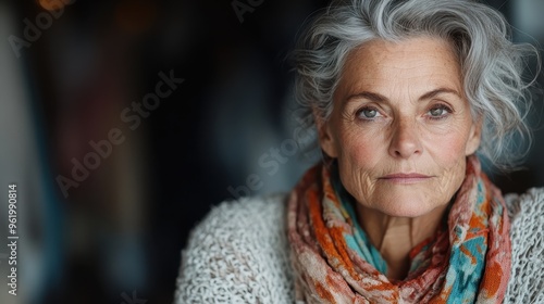 Portrait of an elderly woman with striking gray hair and a colorful scarf, highlighting her wisdom and the rich experiences of her life, radiating calmness and resilience.