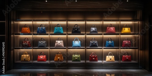 Obraz na płótnie Luxury bag showcase with elegant lighting and sleek design, bag showcase, high-end fashion accessory w salonie