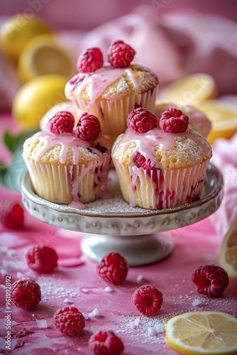 Lemon raspberry muffins with a lemon glaze photo