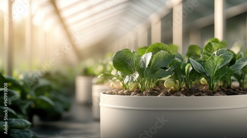 Young green plants thriving in white containers set within a lush greenhouse, embodying growth, care, and sustainable gardening in a modern setup. photo