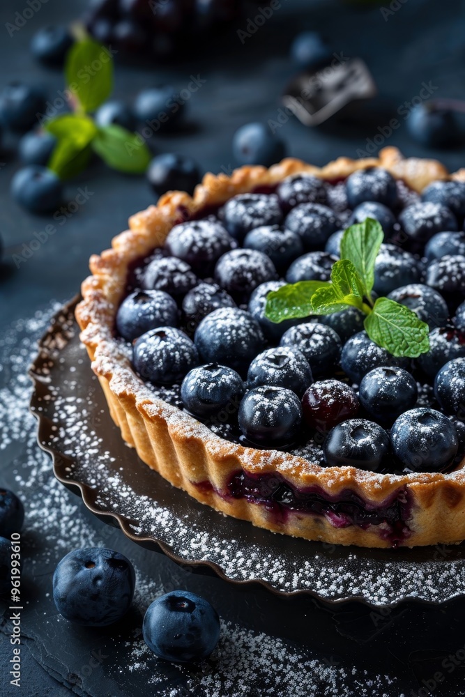 Blueberry almond tart with powdered sugar Blueberry almond tart with powdered sugar