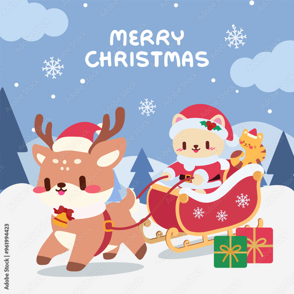 Adorable Christmas Cat in Sleigh Pulled by Reindeer. Kawaii Holiday Adventure. Cat Riding Sleigh with Reindeer. Adorable Christmas Cat in Sleigh Pulled by Reindeer. Kawaii Holiday Adventure. Cat Riding Sleigh with Reindeer.
