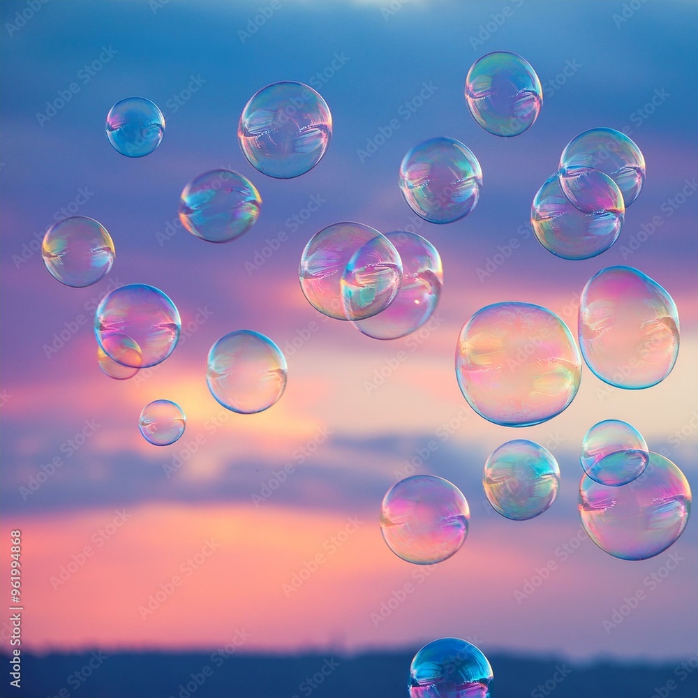 Iridescent Soap Bubbles Floating in Pastel Pink and Blue Sunset Sky, Abstract Texture Background, Magical Tranquil Scene, Dreamy Nature Atmosphere, Surreal and Whimsical Evening Light Iridescent Soap Bubbles Floating in Pastel Pink and Blue Sunset Sky, Abstract Texture Background, Magical Tranquil Scene, Dreamy Nature Atmosphere, Surreal and Whimsical Evening Light
