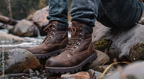 Close-up A man wearing the leather Chilstone boots shoes sitting on rocks by water Generative AI