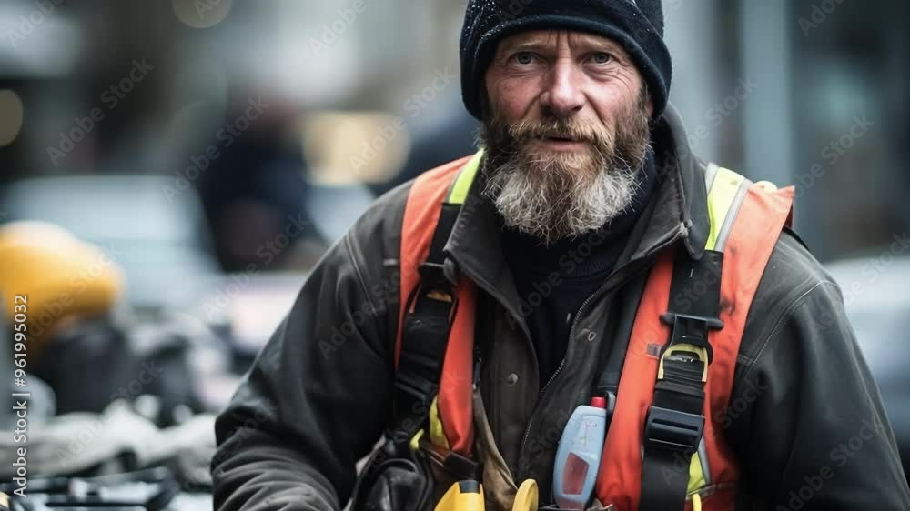 Bearded construction worker takes a break at a busy city job site, showcasing professionalism and dedication amidst urban development