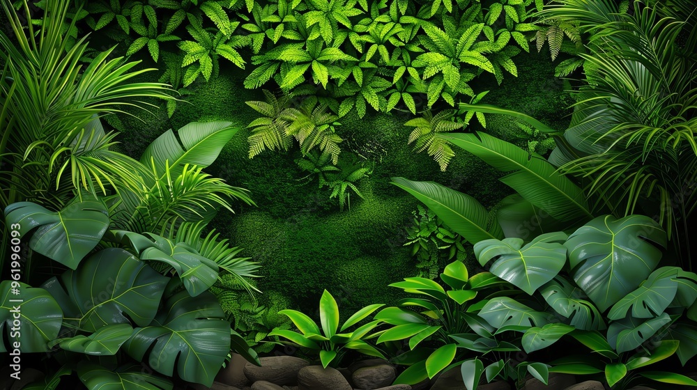 A lush tropical jungle background filled with vibrant green leaves and rich foliage, perfect for nature-themed designs. A lush tropical jungle background filled with vibrant green leaves and rich foliage, perfect for nature-themed designs.
