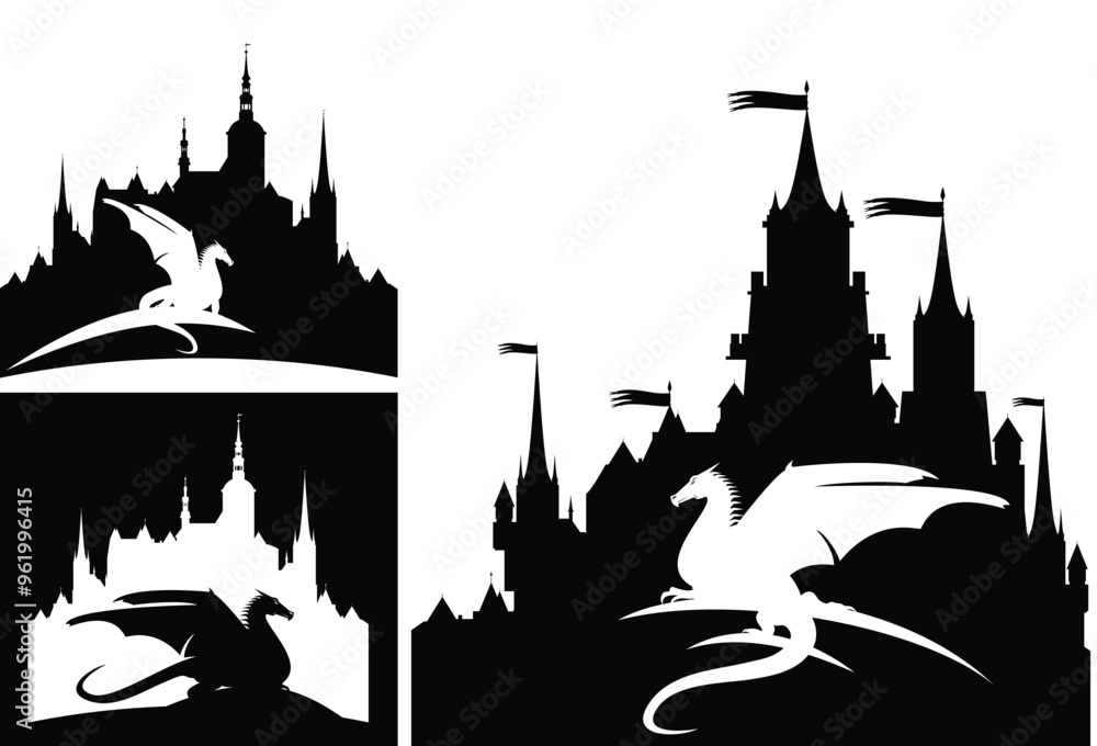 Naklejka premium mythical dragon by the medieval castle outline - fairy tale scene design black and white vector silhouette set