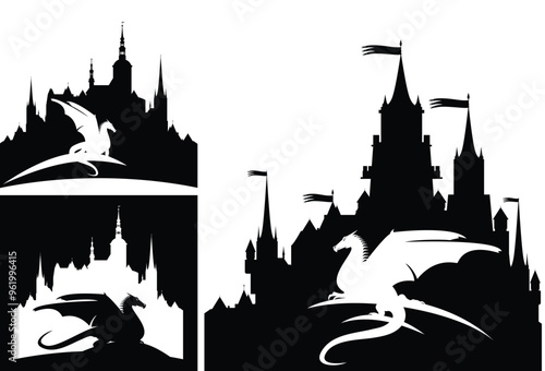 mythical dragon by the medieval castle outline - fairy tale scene design black and white vector silhouette set
