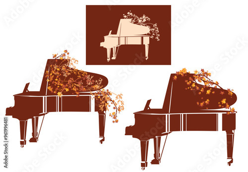 autumn season vector design set for outdoors music festival with grand piano musical instrument with fall leaves and tree branches decor