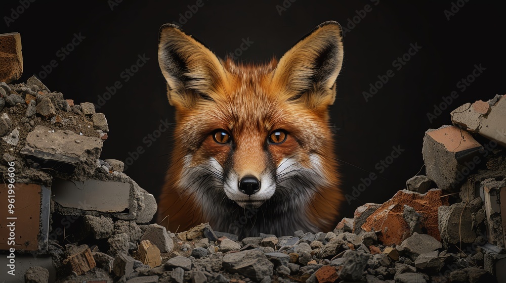 A striking fox emerges from the rubble, showcasing its vibrant fur and piercing eyes against a dark background. A striking fox emerges from the rubble, showcasing its vibrant fur and piercing eyes against a dark background.