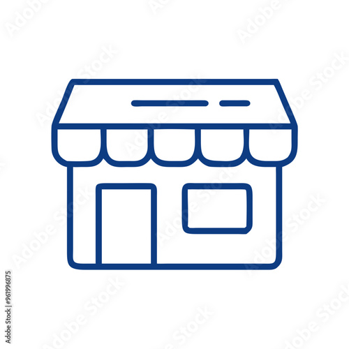 Storefront icon in vector style, blue outline, retail shop symbol with copy space