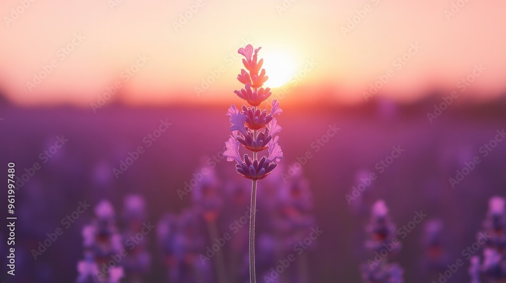Fototapeta premium A single lavender flower in sharp focus, with the blurred background of a vast lavender field glowing in the afternoon sun