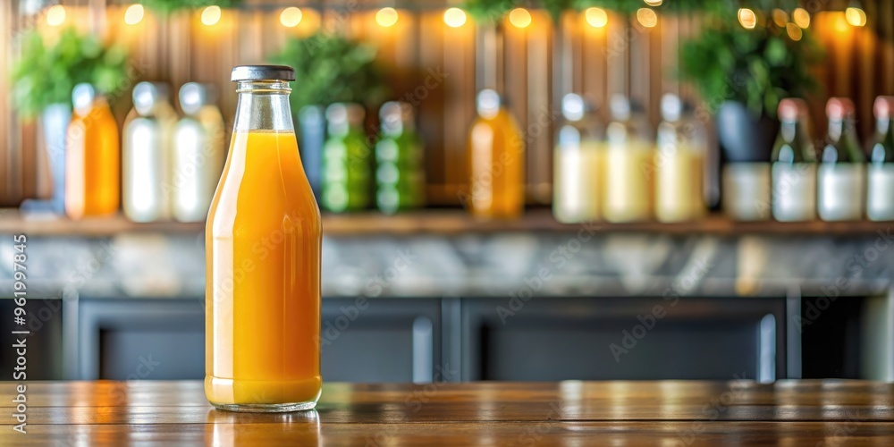 Bottle of orange juice with blank label on a bar counter, orange juice, drink, beverage, bar, counter, mockup, template, bottle Bottle of orange juice with blank label on a bar counter, orange juice, drink, beverage, bar, counter, mockup, template, bottle