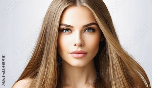 Beautiful woman with straight long brown hair. Hair model with voluminous hairstyle - attractive gorgeous healthy straightened hair