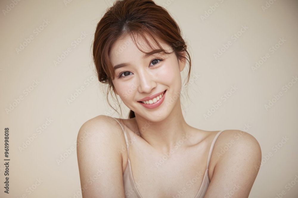 Obraz premium Happy asian woman. Beautiful Asian woman with a warm smile, showcasing beauty and positivity. Perfect for cosmetics, lifestyle, and wellness brands.