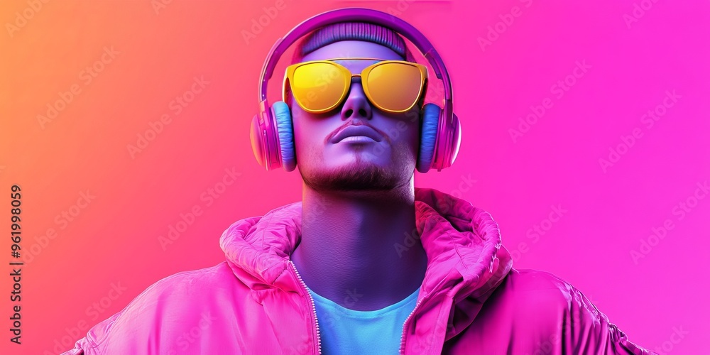Neon Vibes: Immersed in a world of vibrant color, a young man with headphones and sunglasses embodies the spirit of music and style. 