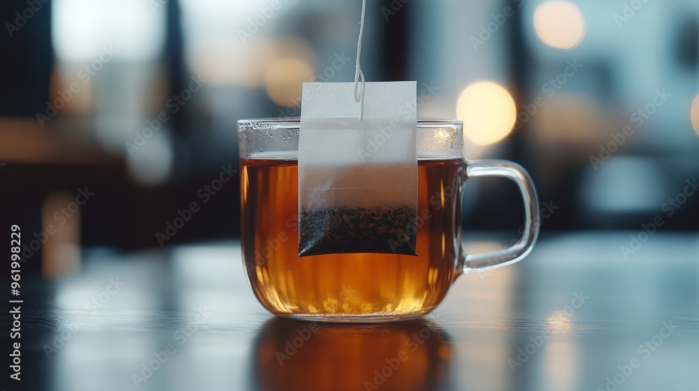 Macro Shot of Tea Bag with Detailed Texture and Reflections in Cup Macro Shot of Tea Bag with Detailed Texture and Reflections in Cup