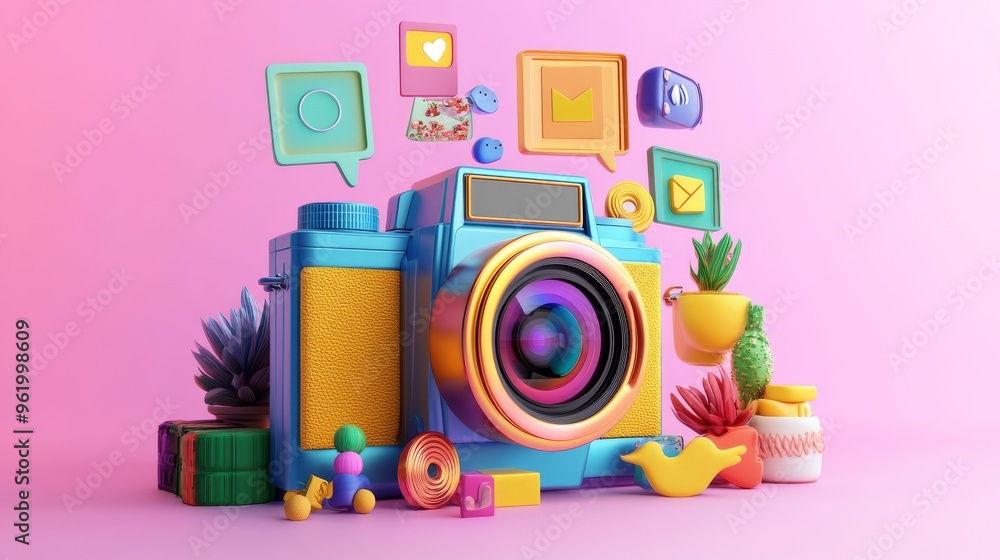 Camera and Social Media: A vibrant, 3D rendering of a vintage camera surrounded by colorful social media icons and objects, symbolizing the interconnectedness of modern life and digital communication. Camera and Social Media: A vibrant, 3D rendering of a vintage camera surrounded by colorful social media icons and objects, symbolizing the interconnectedness of modern life and digital communication.