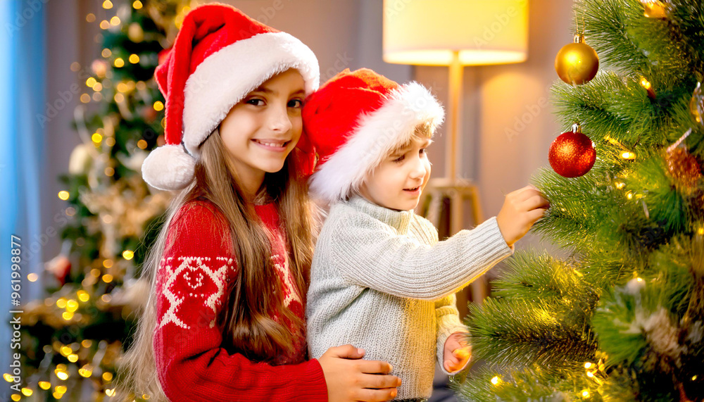 Geschwister schmücken den Weihnachtsbaum Geschwister schmücken den Weihnachtsbaum