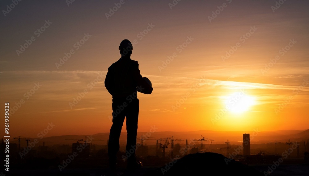 Fototapeta premium Silhouette of a construction worker against a sunset backdrop.