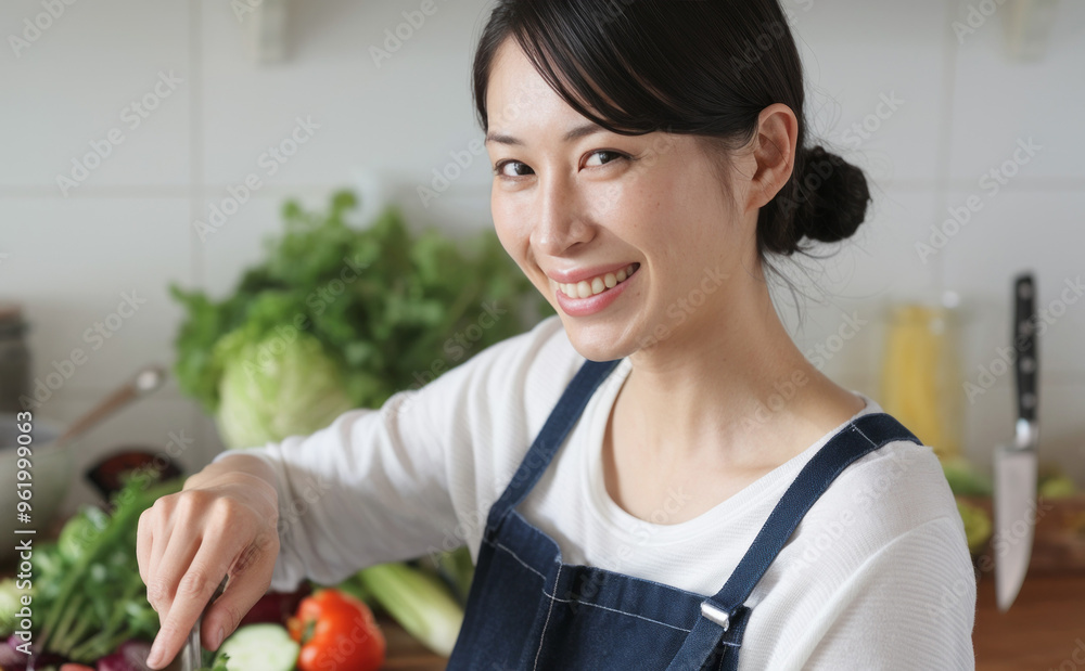 Woman cooking salad. A woman preparing a salad with a smile. She is wearing an apron and looks happy and joyful. This image is ideal for showcasing healthy eating or home cooking. Woman cooking salad. A woman preparing a salad with a smile. She is wearing an apron and looks happy and joyful. This image is ideal for showcasing healthy eating or home cooking.