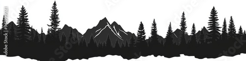 Minimalist Mountain and Pine Silhouettes: AI-Generated 4K Panoramic Landscape for Camping Adventures. Vector Icons on White Background for Cultural Marketing, Bestselling Themes, and Seasonal Promotio photo