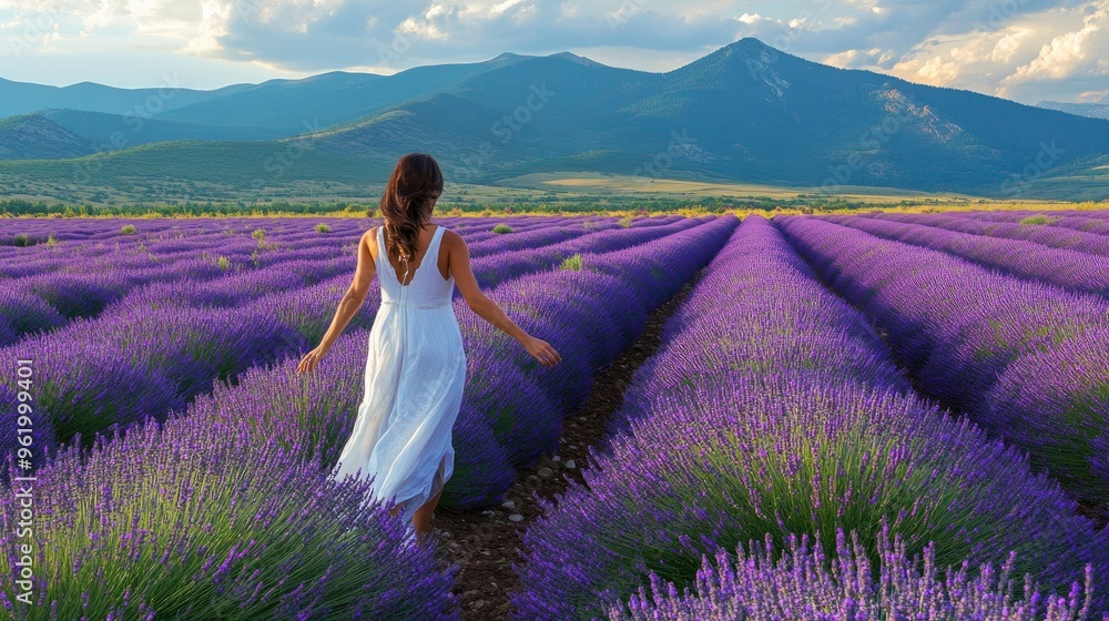 A woman walking through a lavender field, gently touching the flowers with her hands, with the mountains visible in the background A woman walking through a lavender field, gently touching the flowers with her hands, with the mountains visible in the background