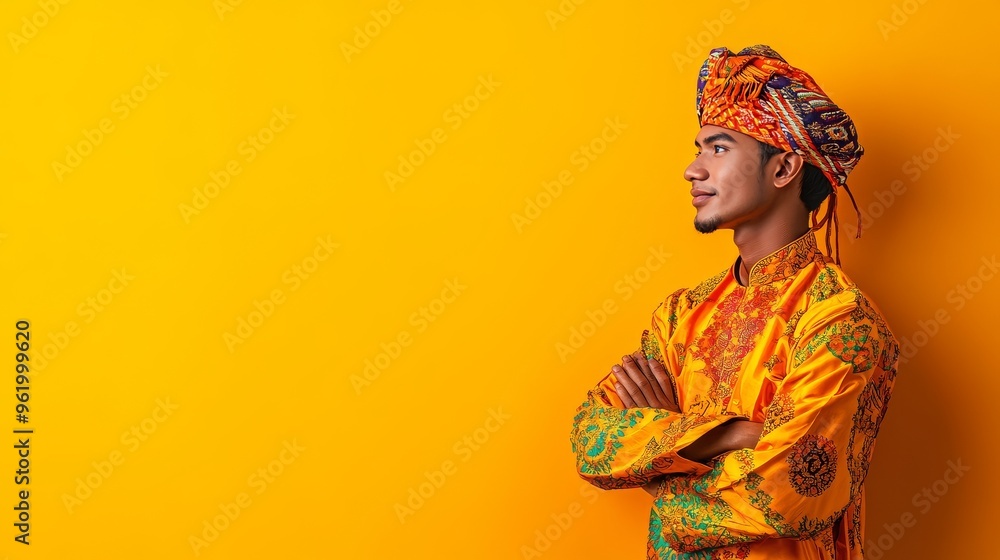 Obraz premium Smiling man in traditional dress, holding fan and flower, showcasing timeless beauty and cultural style