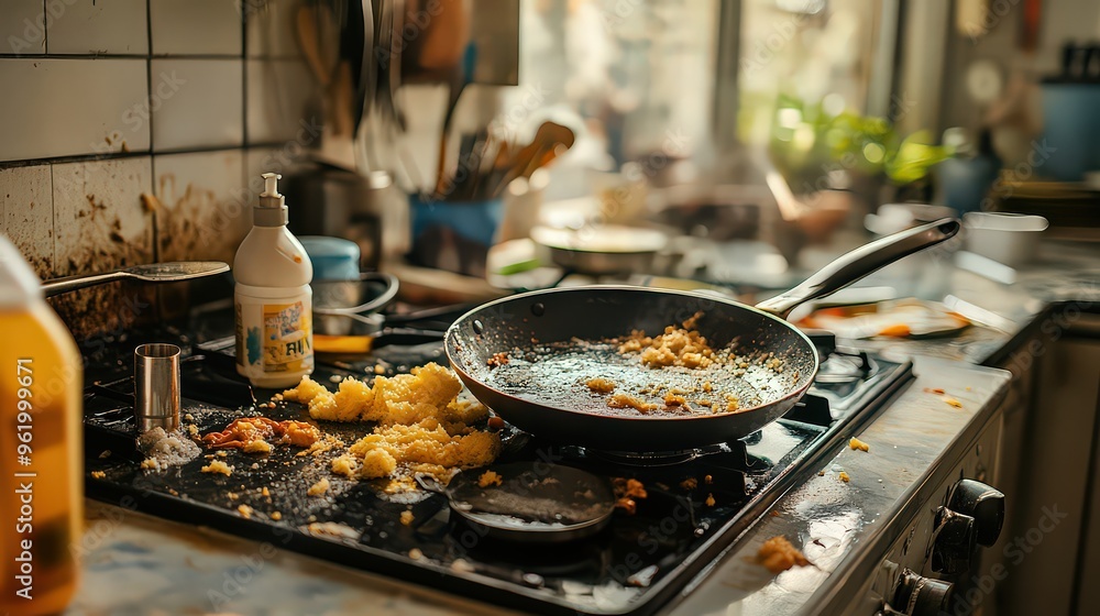Messy kitchen with dirty frying pan and food scraps scattered on stove, depicting the aftermath of cooking and the need for a kitchen cleanup. Messy kitchen with dirty frying pan and food scraps scattered on stove, depicting the aftermath of cooking and the need for a kitchen cleanup.