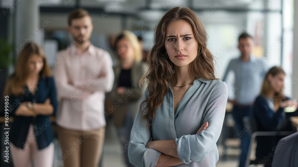 A sad, unhappy depressed businesswoman standing office and a blurred group of employees looking, laughing at her. bullying workplace, management conflict, gossiping, Gender Inequality concepts. A sad, unhappy depressed businesswoman standing office and a blurred group of employees looking, laughing at her. bullying workplace, management conflict, gossiping, Gender Inequality concepts.