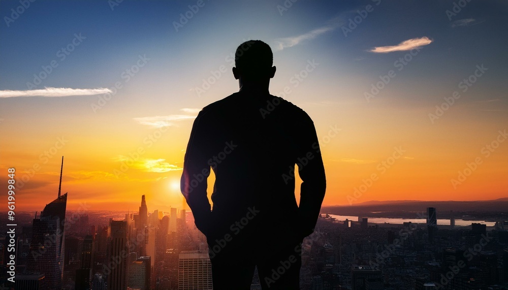 Silhouette of a person standing in front of a city skyline at sunset. Silhouette of a person standing in front of a city skyline at sunset.