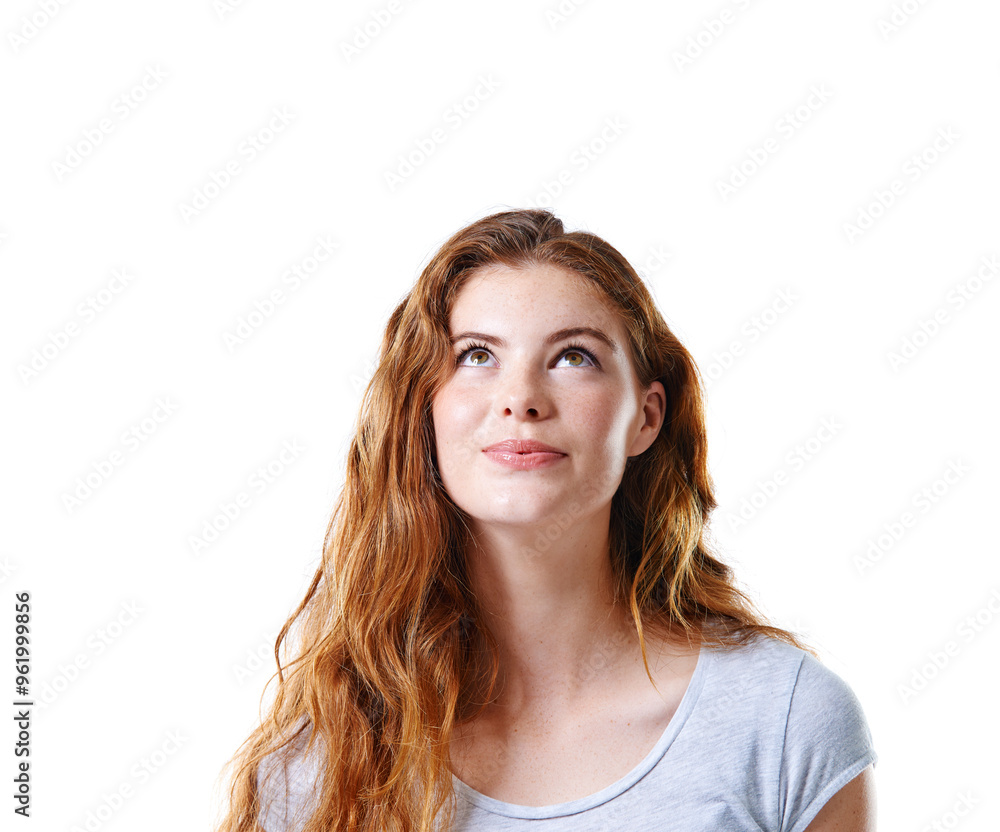 Thinking, looking up and woman with ideas, choice and model isolated on white studio background. Person, mockup space and girl with wonder, thoughts and solution with inspiration, calm and decision Thinking, looking up and woman with ideas, choice and model isolated on white studio background. Person, mockup space and girl with wonder, thoughts and solution with inspiration, calm and decision