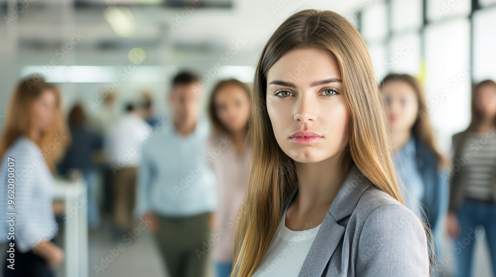 Fototapeta premium A sad, unhappy depressed businesswoman standing office and a blurred group of employees looking, laughing at her. bullying workplace, management conflict, gossiping, Gender Inequality concepts.