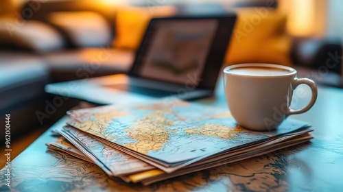  Coffee cup resting on a stack of maps with a laptop in the background, symbolizing planning for a new travel adventure from the comfort of home.