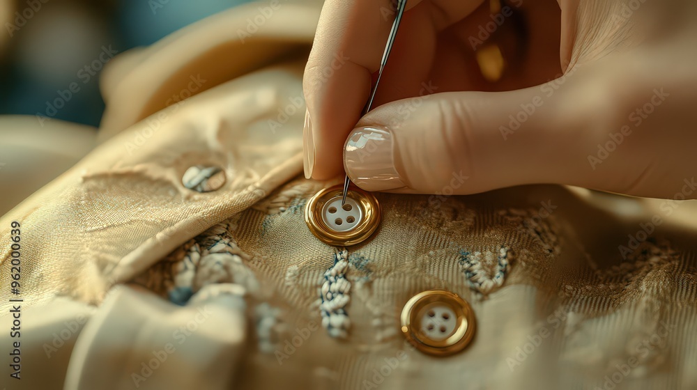 Obraz premium Close-up of hand sewing a button onto fabric, reflecting attention to detail and care in a relaxing craft.