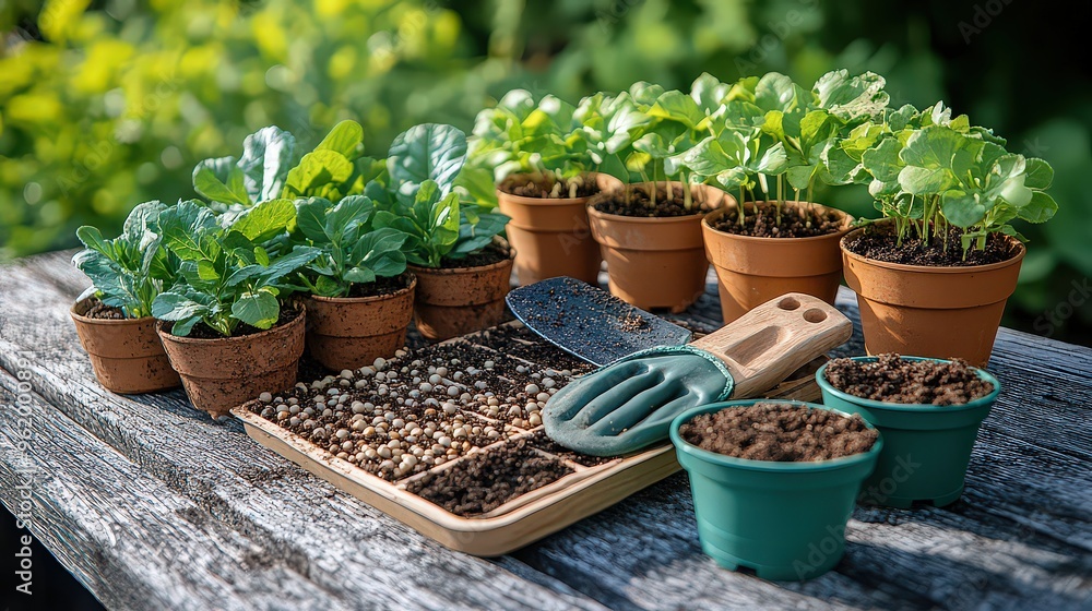 Small pots of seedlings ready for planting, accompanied by a trowel and tray, set on a wooden table in a beautiful garden. Small pots of seedlings ready for planting, accompanied by a trowel and tray, set on a wooden table in a beautiful garden.