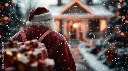 Santa Claus, clad in his traditional red attire, walks through a snowy landscape carrying a stack of wrapped gifts towards a beautifully decorated festive house in winter. photo