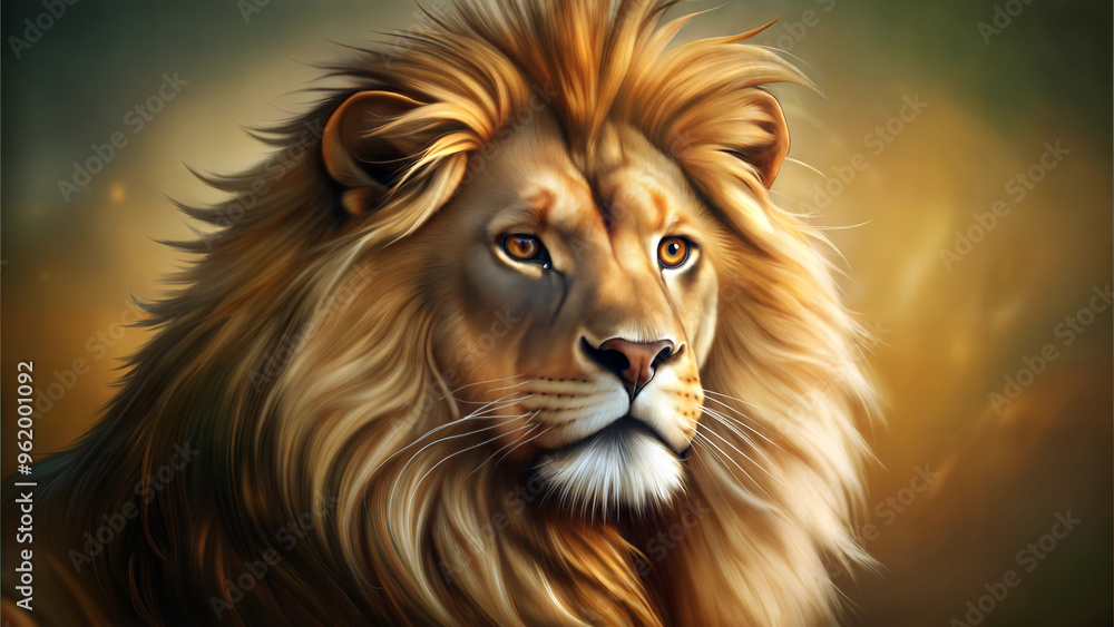 Fototapeta premium Majestic lion with a fierce expression against a warm, blurred background