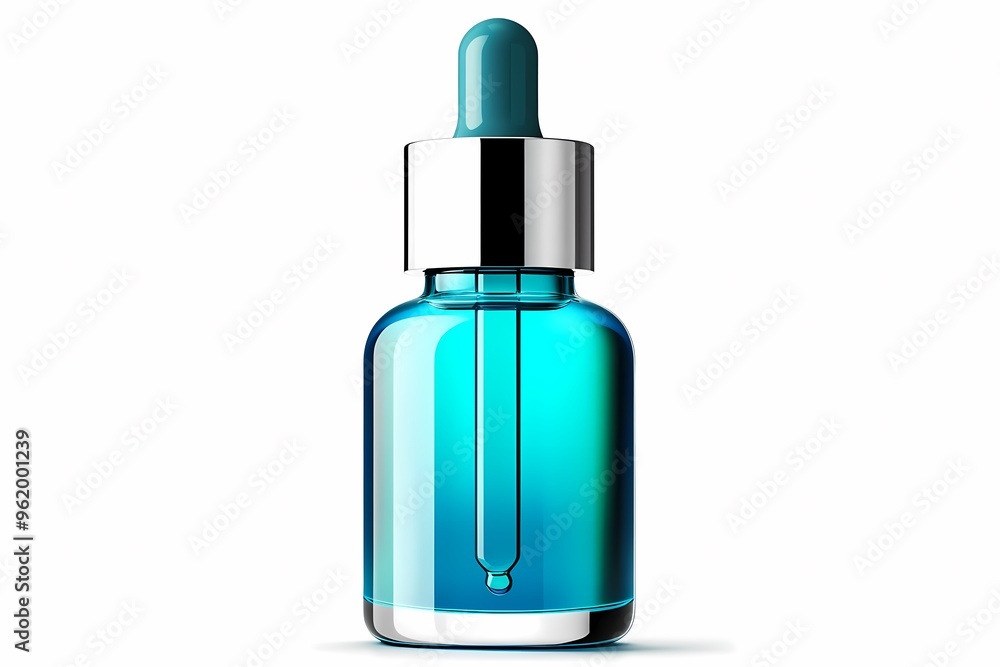 Fototapeta premium Close-up of a blue glass dropper bottle for beauty serum, essential oil, or skincare product on white background.