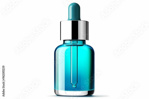 Close-up of a blue glass dropper bottle for beauty serum, essential oil, or skincare product on white background.