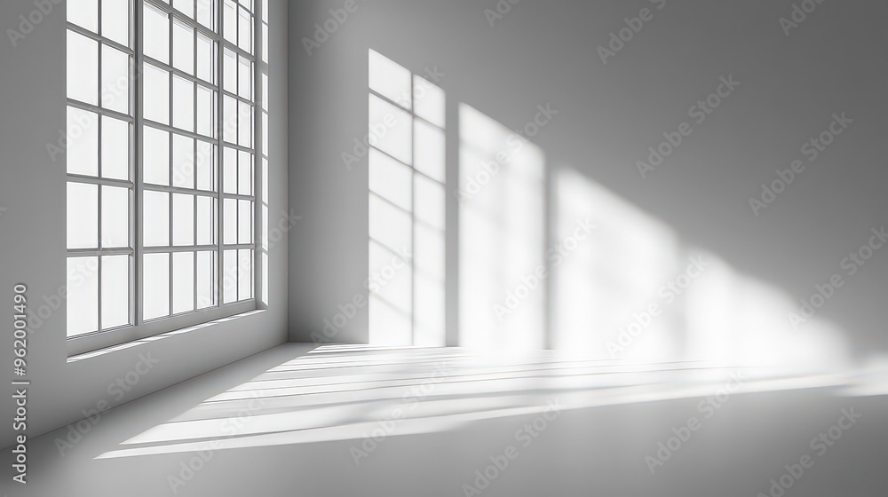 Sunlight streams through large grid windows, casting long, soft shadows across the white minimalist interior, creating a peaceful and serene atmosphere. Sunlight streams through large grid windows, casting long, soft shadows across the white minimalist interior, creating a peaceful and serene atmosphere.