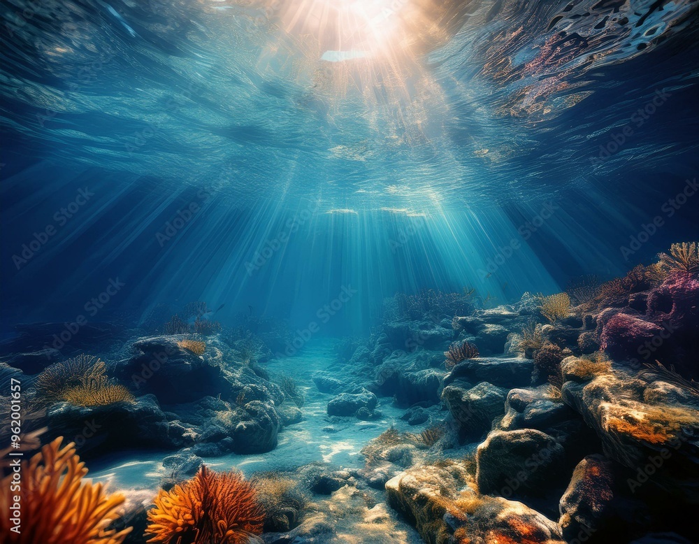Sunbeams pierce the deep blue water, illuminating the rocky seabed. Photographic image of the underwater world. Sunbeams pierce the deep blue water, illuminating the rocky seabed. Photographic image of the underwater world.