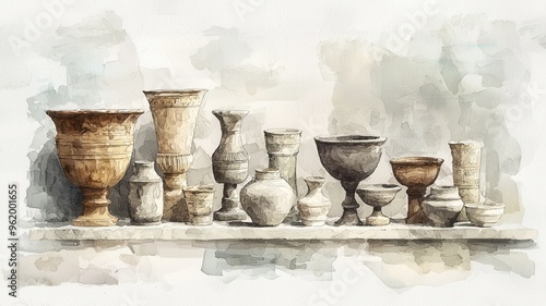 A collection of ancient pottery showcased in a watercolor style, highlighting intricate designs and historical significance. photo